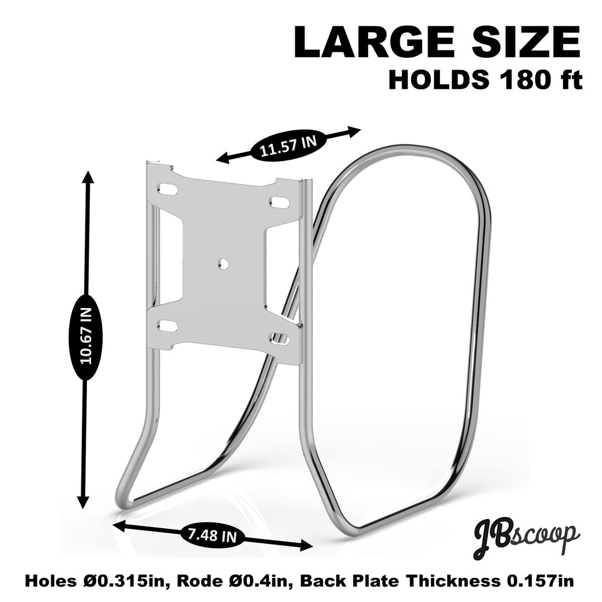 JBscoop wall-mounted hose rack installed on a garden wall keeps supplies organized.