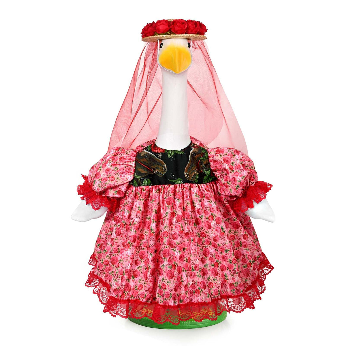 JcHrmers Derby Day Goose Outfit on a 23-inch statue adds festive porch charm.