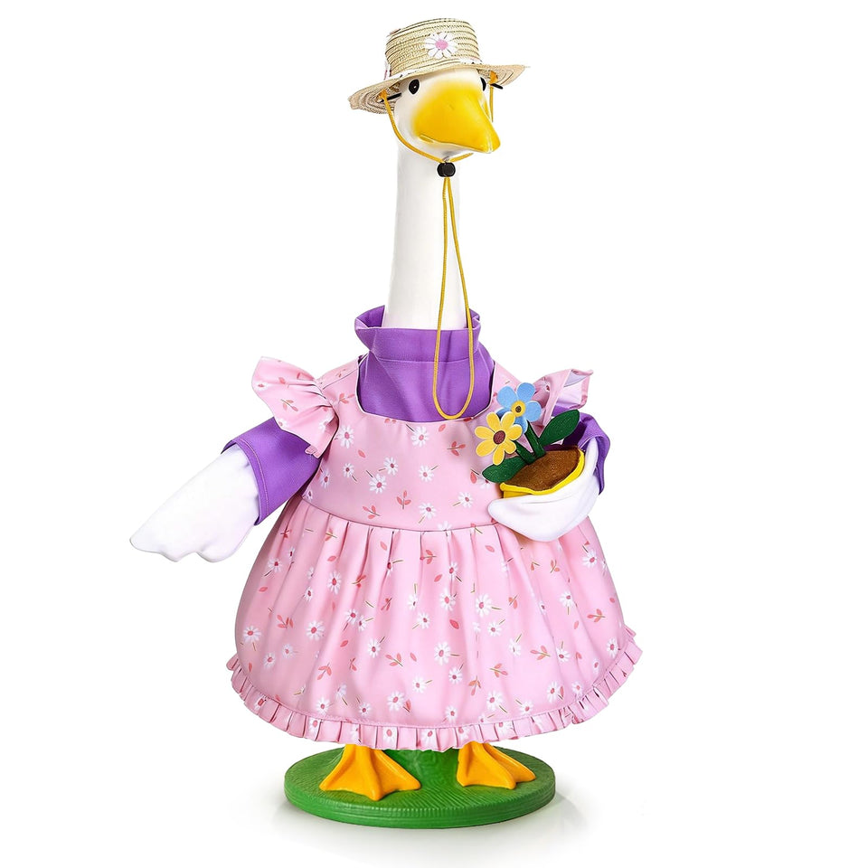 JcHrmers Gardener Goose Outfit on 23-inch statue with floral dress and hat for porch charm