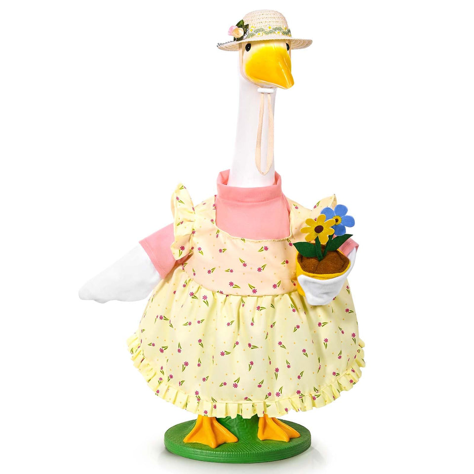 JcHrmers Gardener Goose Outfit with floral dress on porch statue, elevating curb appeal.