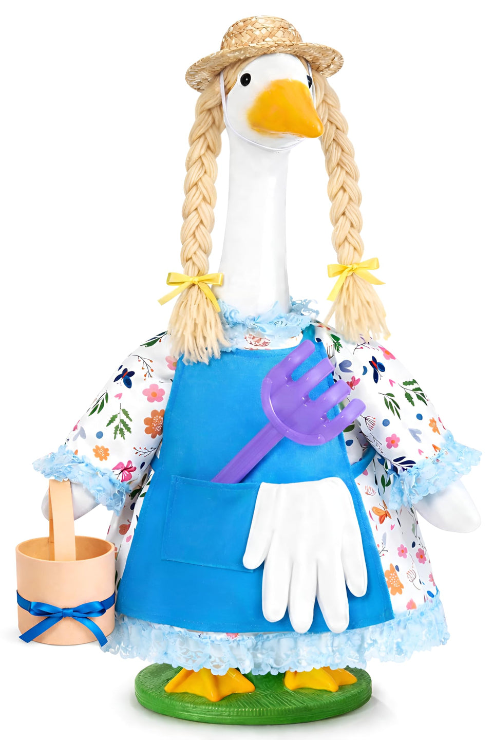 JcHrmers Gardener Goose Outfit on a 23-inch statue adds seasonal garden charm.