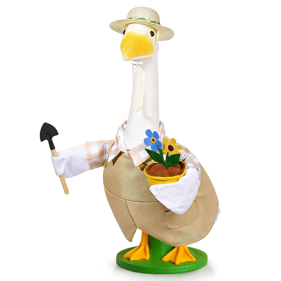 JcHrmers Gardener Goose Outfit with overalls and hat enhances curb appeal for outdoor statues.