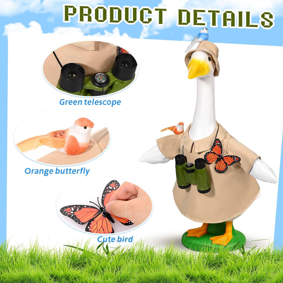 JcHrmers goose outfit with butterfly boosts playful garden flair for guests.