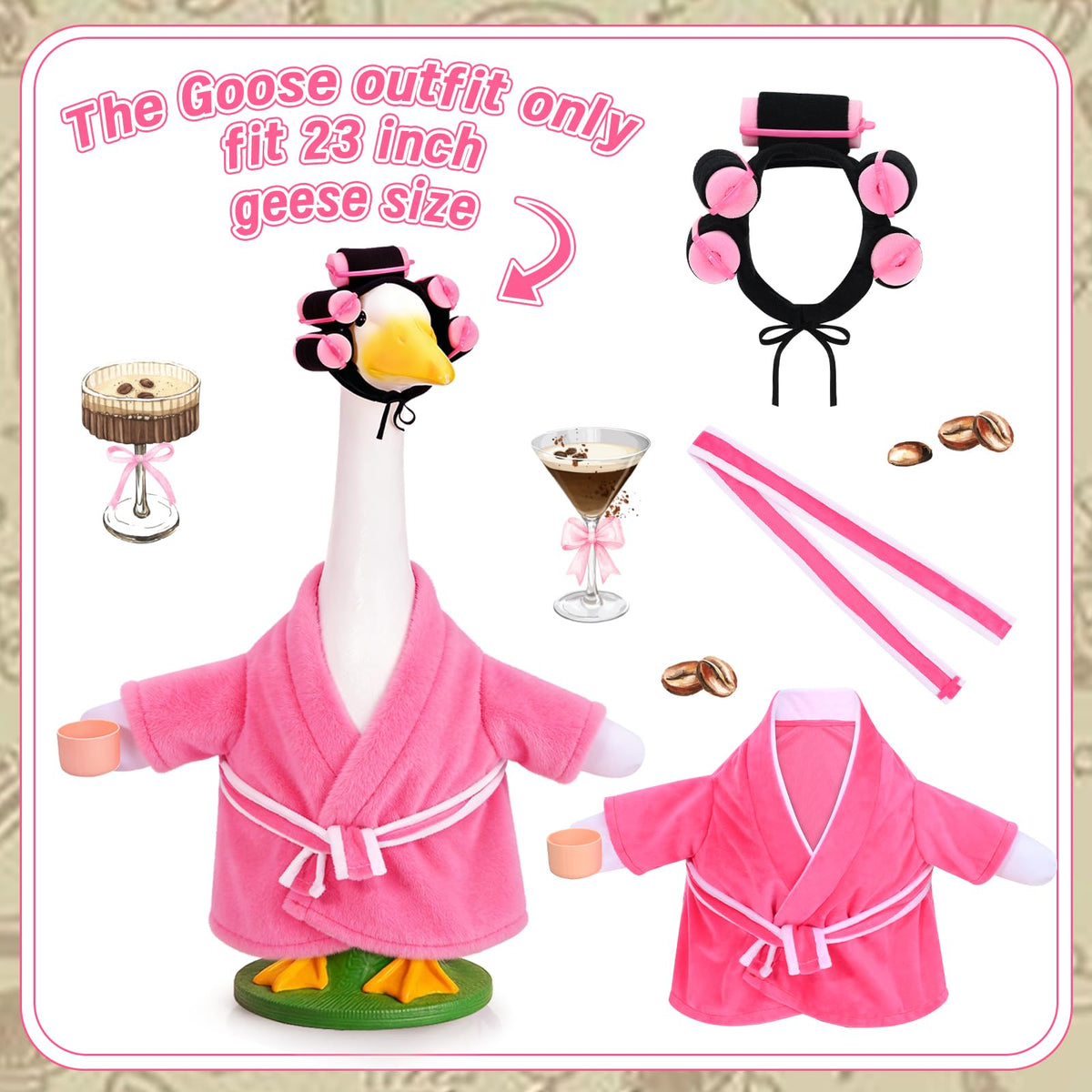 JcHrmers goose outfit with curlers and coffee cup adds playful garden charm.