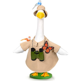 JcHrmers goose outfit with hat and binoculars adds porch whimsy for easy decorating.