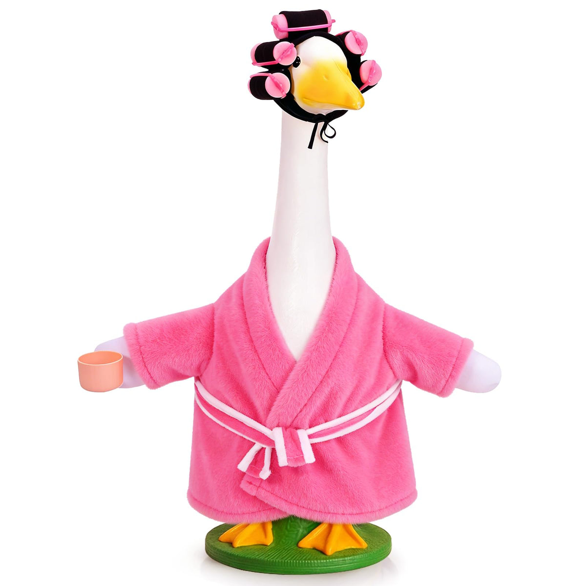 JcHrmers old lady porch goose outfit in pink bathrobe enhances outdoor decor.