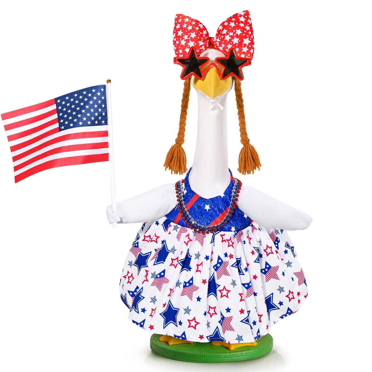 JcHrmers patriotic goose outfit on a 23-inch goose boosts festive curb appeal.