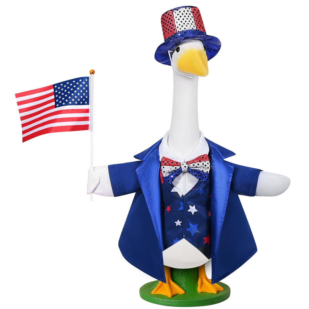 JcHrmers patriotic goose outfit hat adds festive sparkle to your garden decor.