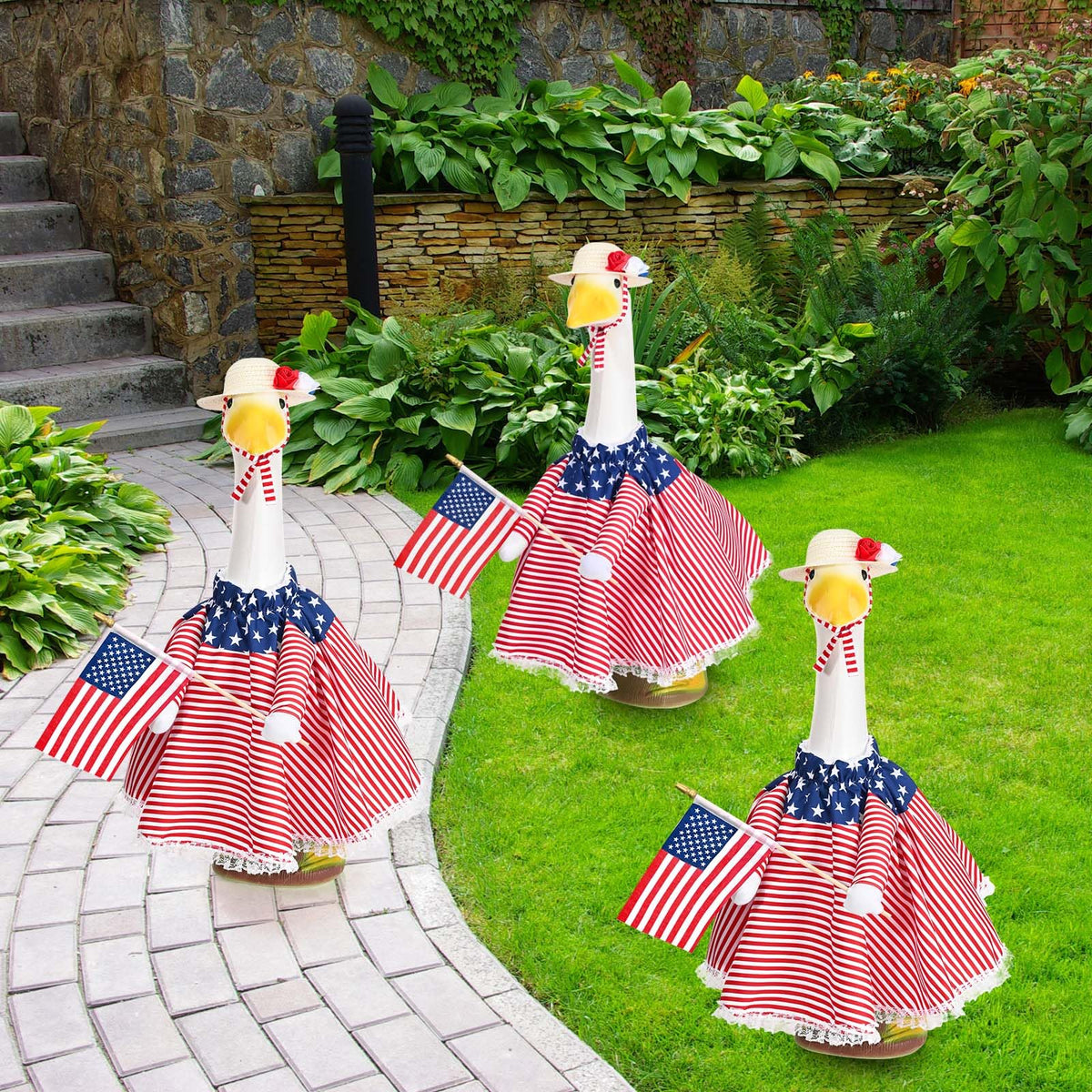 JcHrmers porch-ready look for garden geese during celebrations.