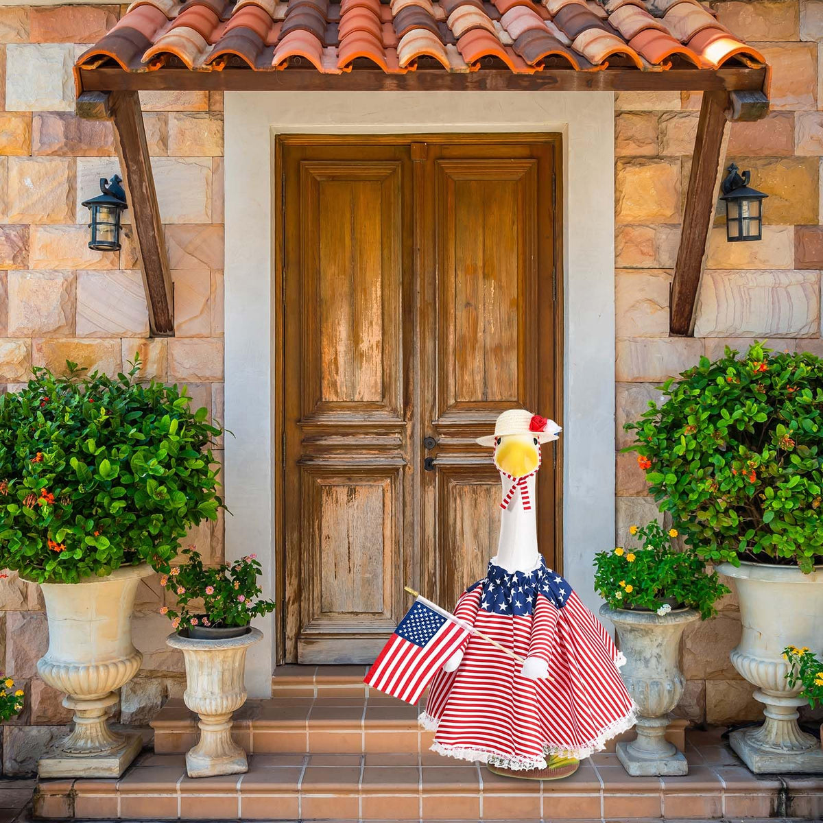 JcHrmers patriotic outfit enhances outdoor party ambiance on the porch.