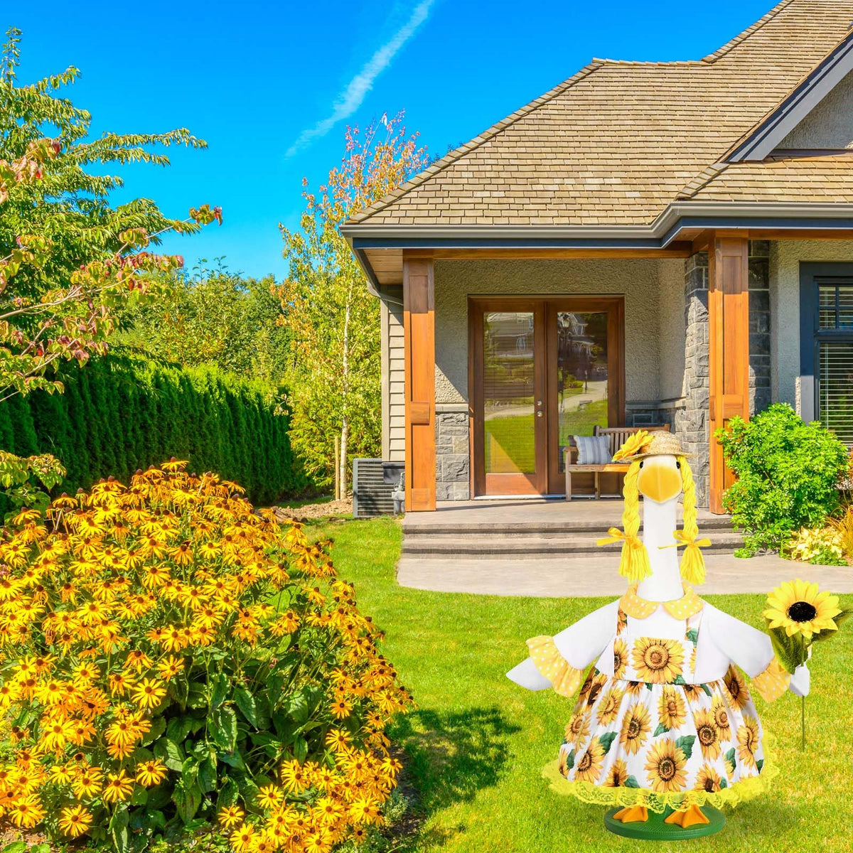Porch-ready goose display enhancing curb appeal on spring days