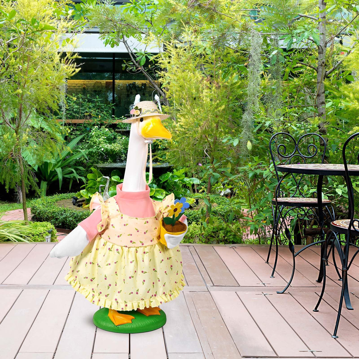 JcHrmers Porch goose outfit creates a charming focal point for guests.