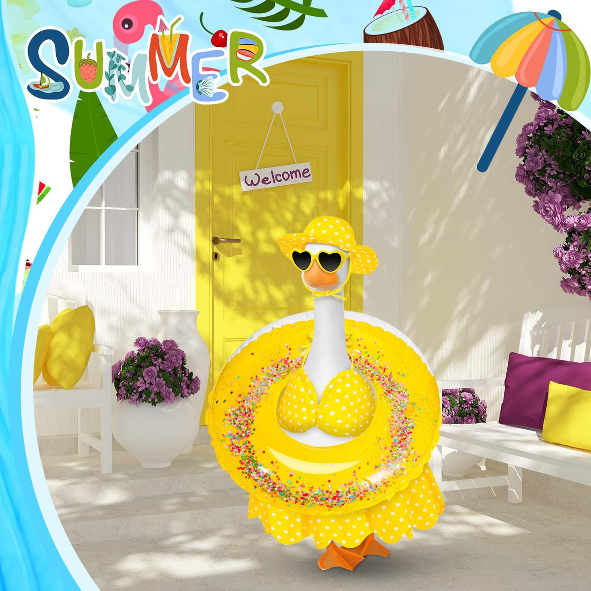 JcHrmers porch goose swim ring yellow highlights summer decor