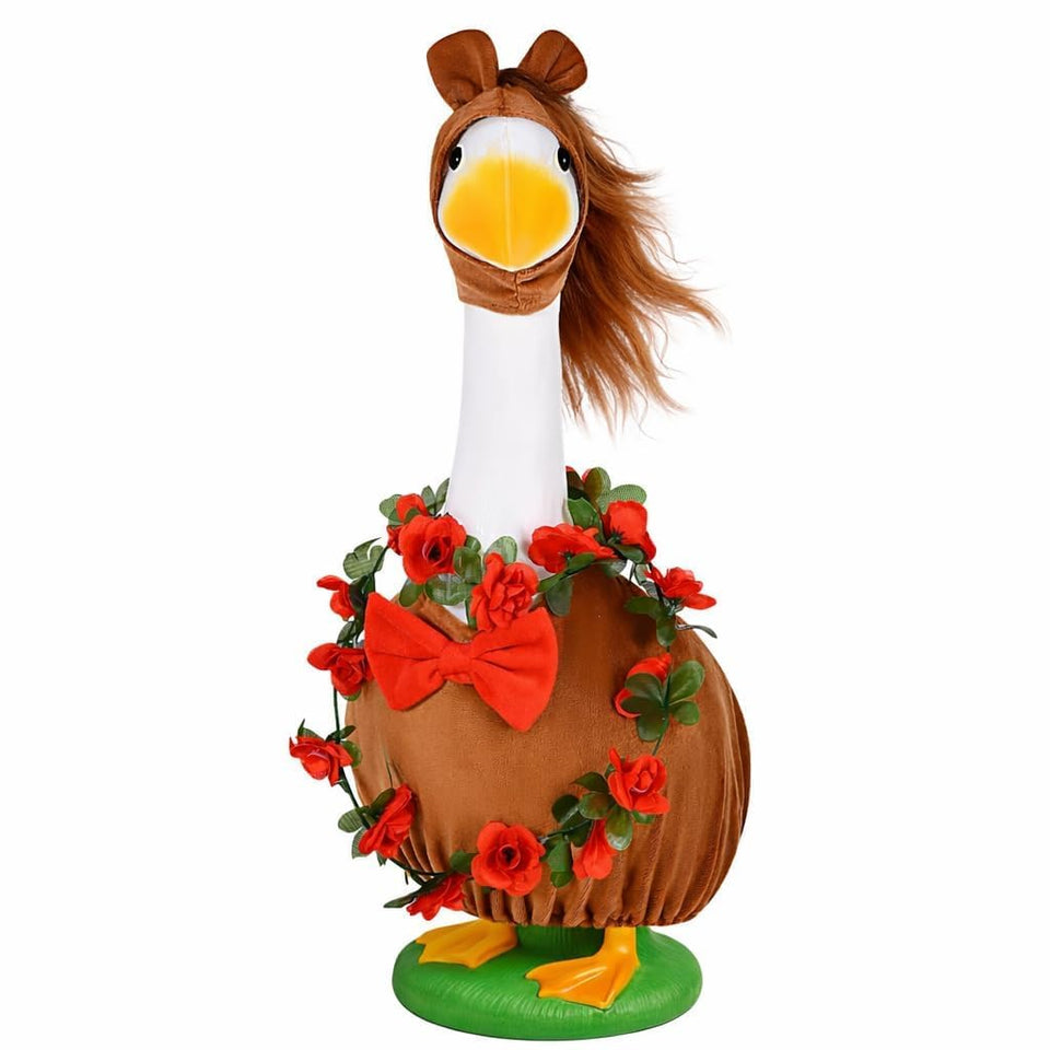 JcHrmers goose outfit on porch goose statue creates Derby Day charm