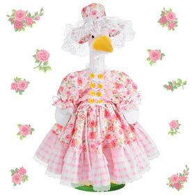 JcHrmers spring goose outfit with floral skirt and hat for porch display.