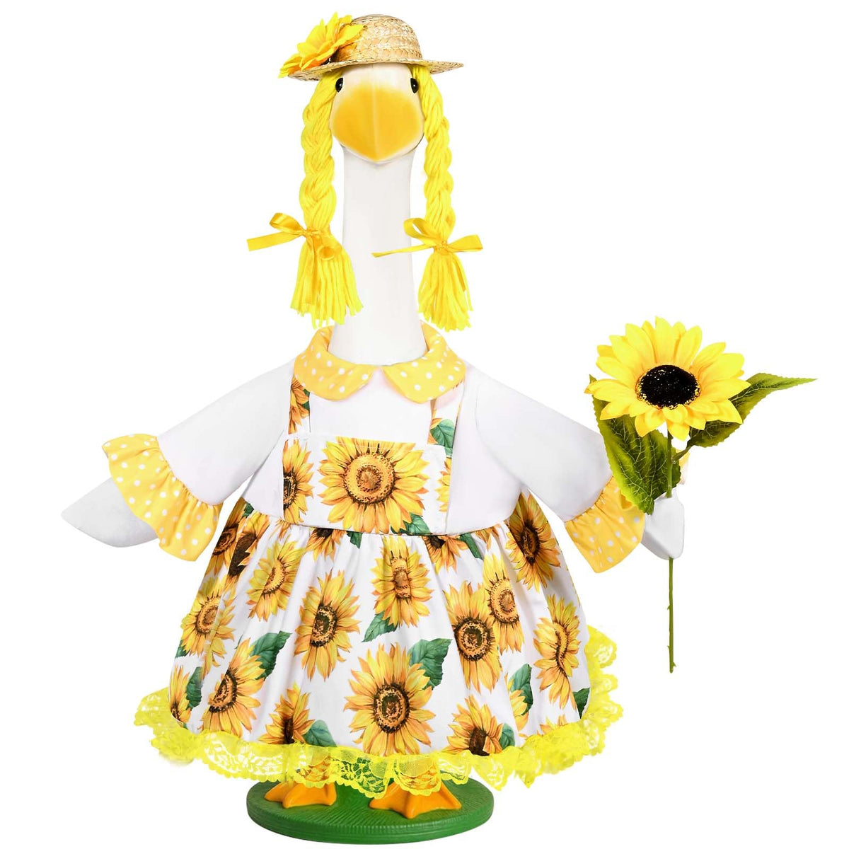 JcHrmers sunflower dress on a goose for a bright porch display