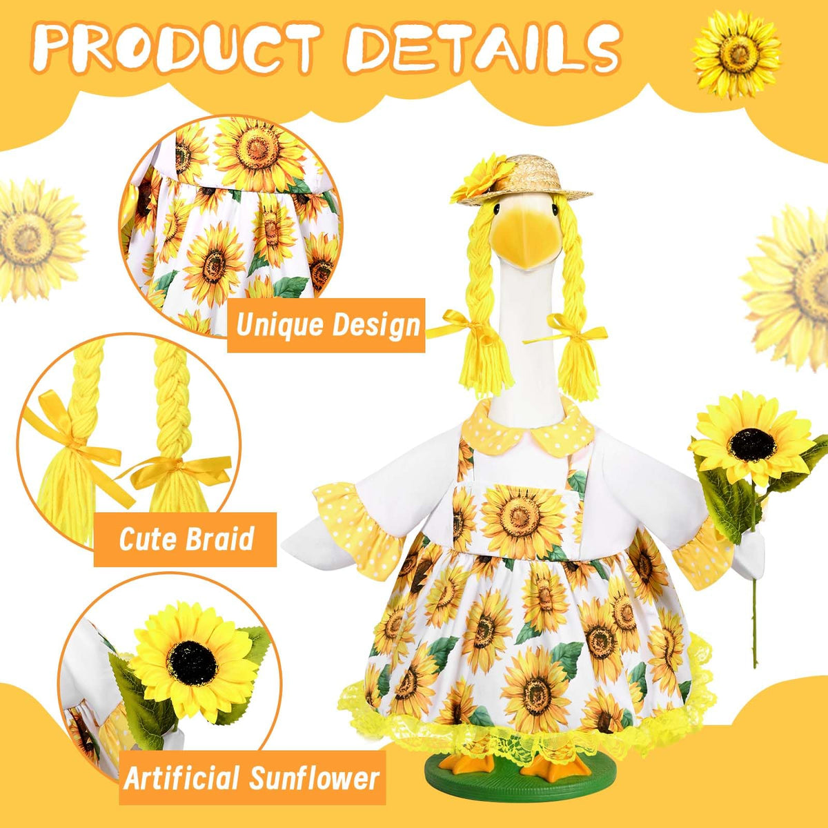Sunflower-pattern fabric adds sunny detail to outdoor goose decor