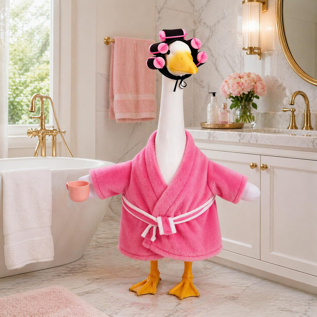 JcHrmers weather-resistant fabric keeps outdoor goose decor looking fresh.