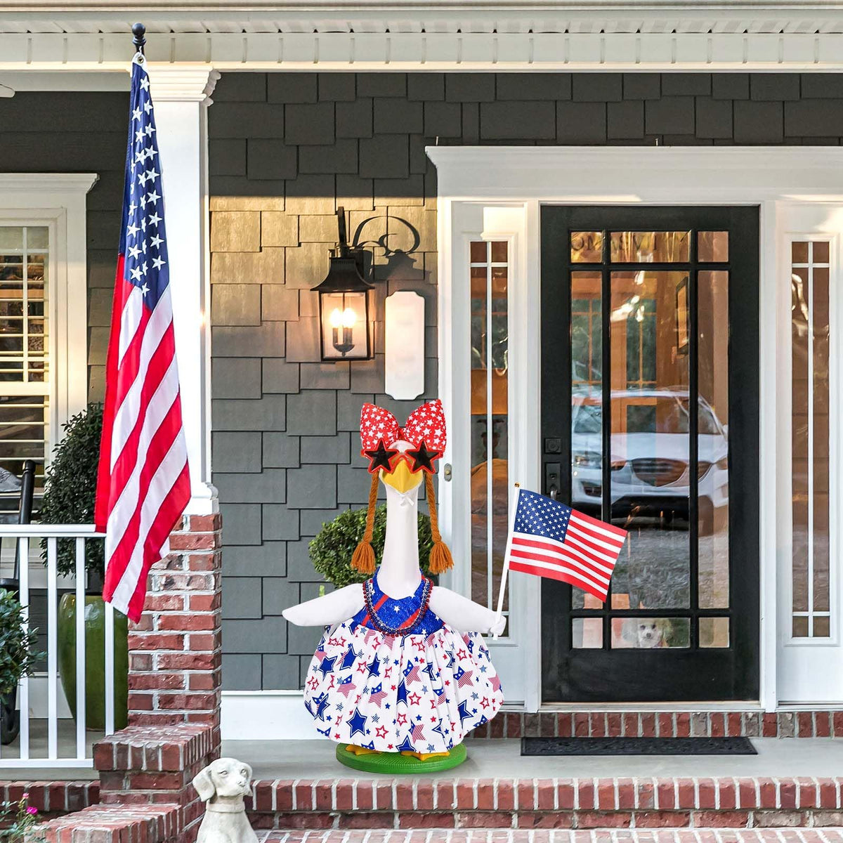 JcHrmers yarn wig creates a lifelike, charming porch display.