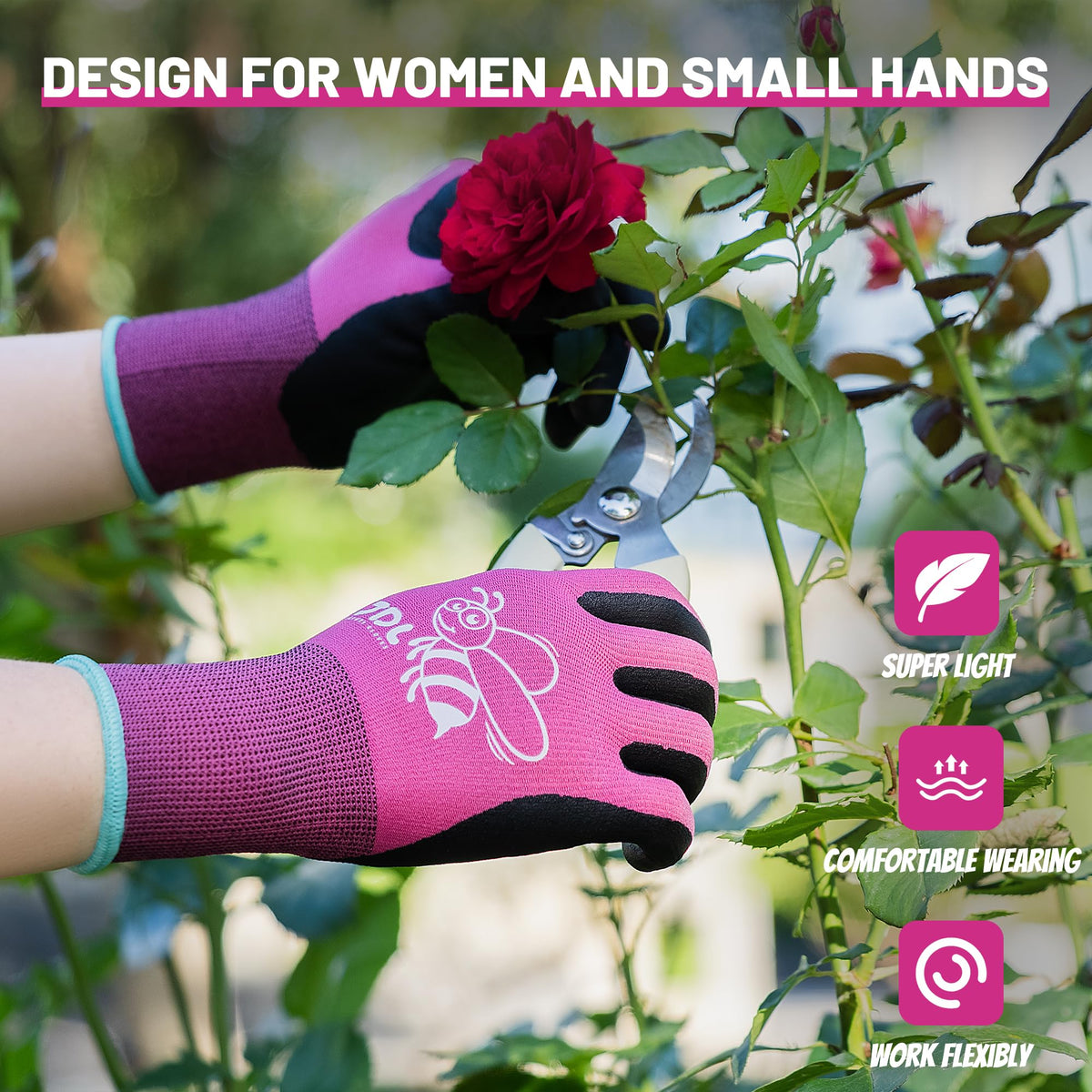 JDL pink gloves suited for rose pruning and delicate garden work.