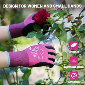 JDL pink gloves suited for rose pruning and delicate garden work.