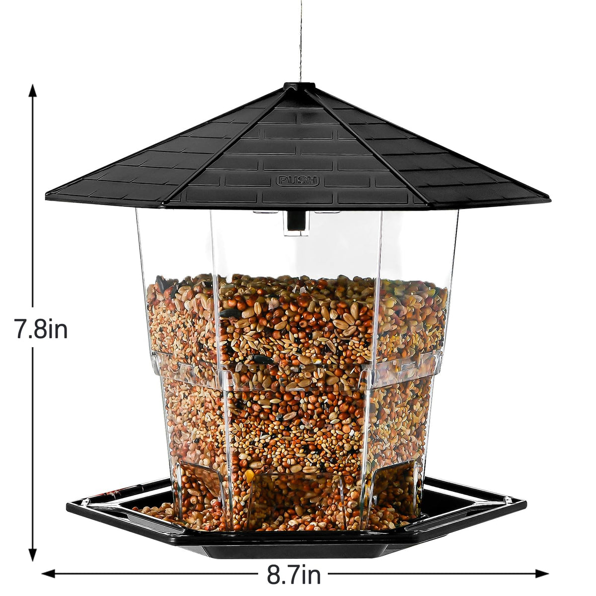Jealoeur bird feeder full seed tray ready for visiting birds.