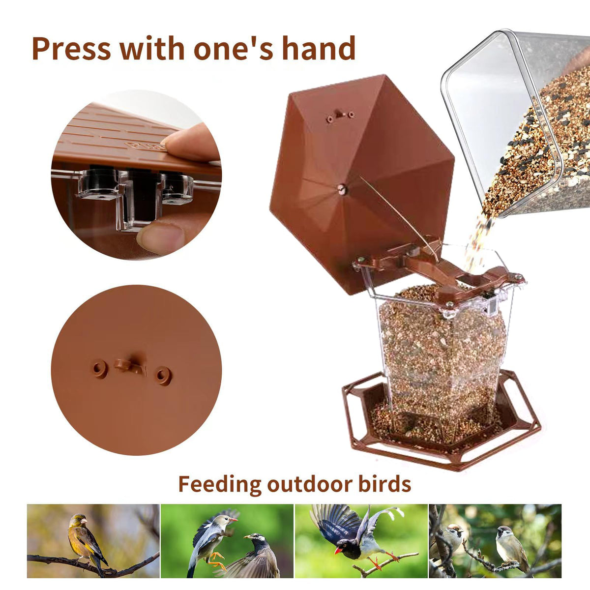 Jealoeur feeder features a hexagonal roof that shades birds from sun and rain.