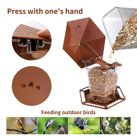Jealoeur feeder features a hexagonal roof that shades birds from sun and rain.