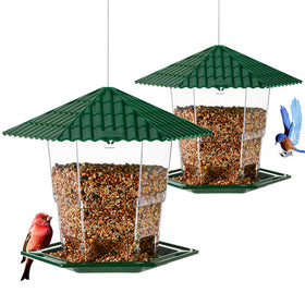 Jealoeur bird feeder with hexagonal roof inviting birds while shielding seeds from sun and rain.