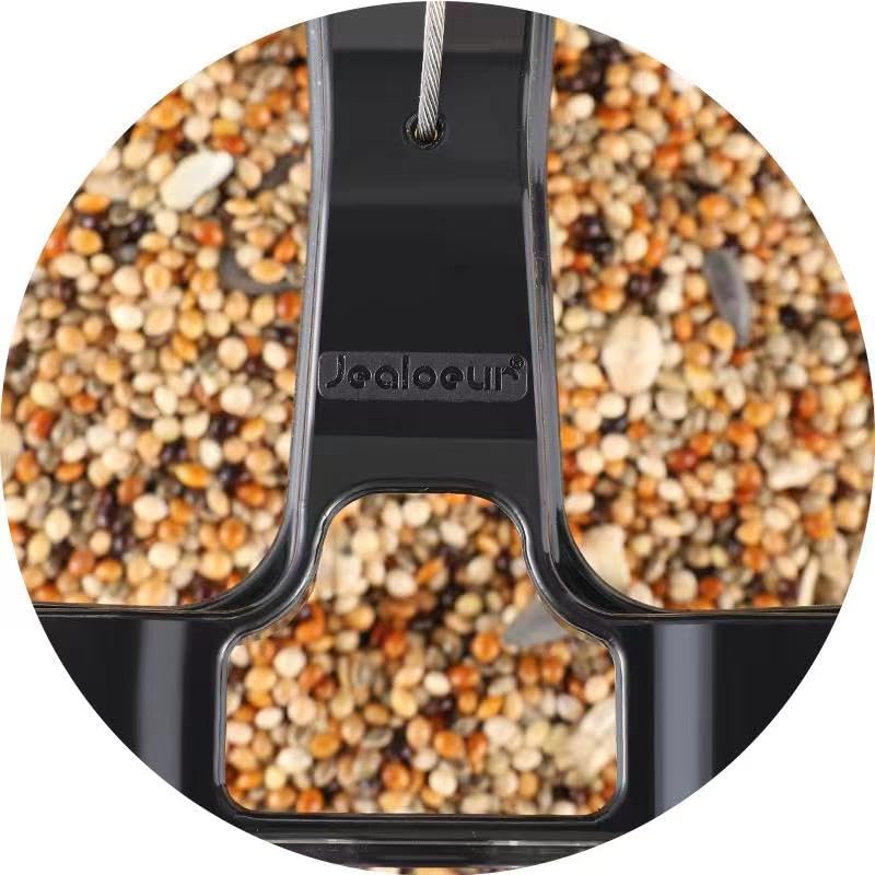 Jealoeur bird feeder latch feature simplifies opening and closing.