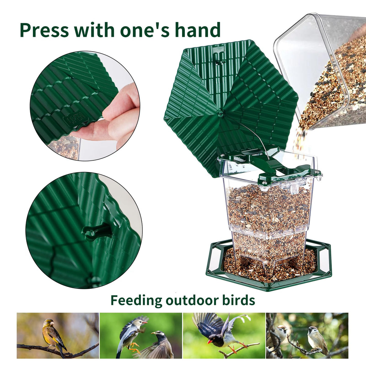 Jealoeur bird feeder shade roof protects seeds and birds during sunny days.