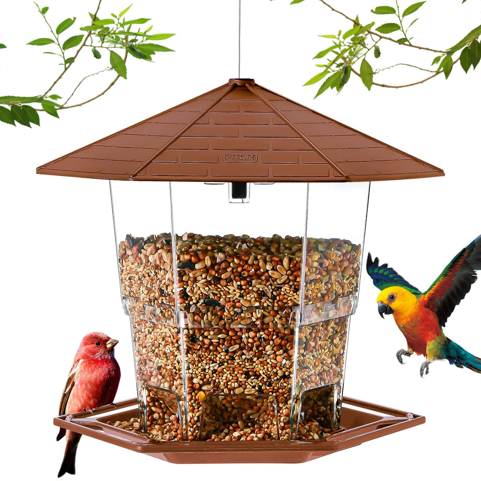 Jealoeur bird feeder with a top lid latch for easy filling and cleaning.