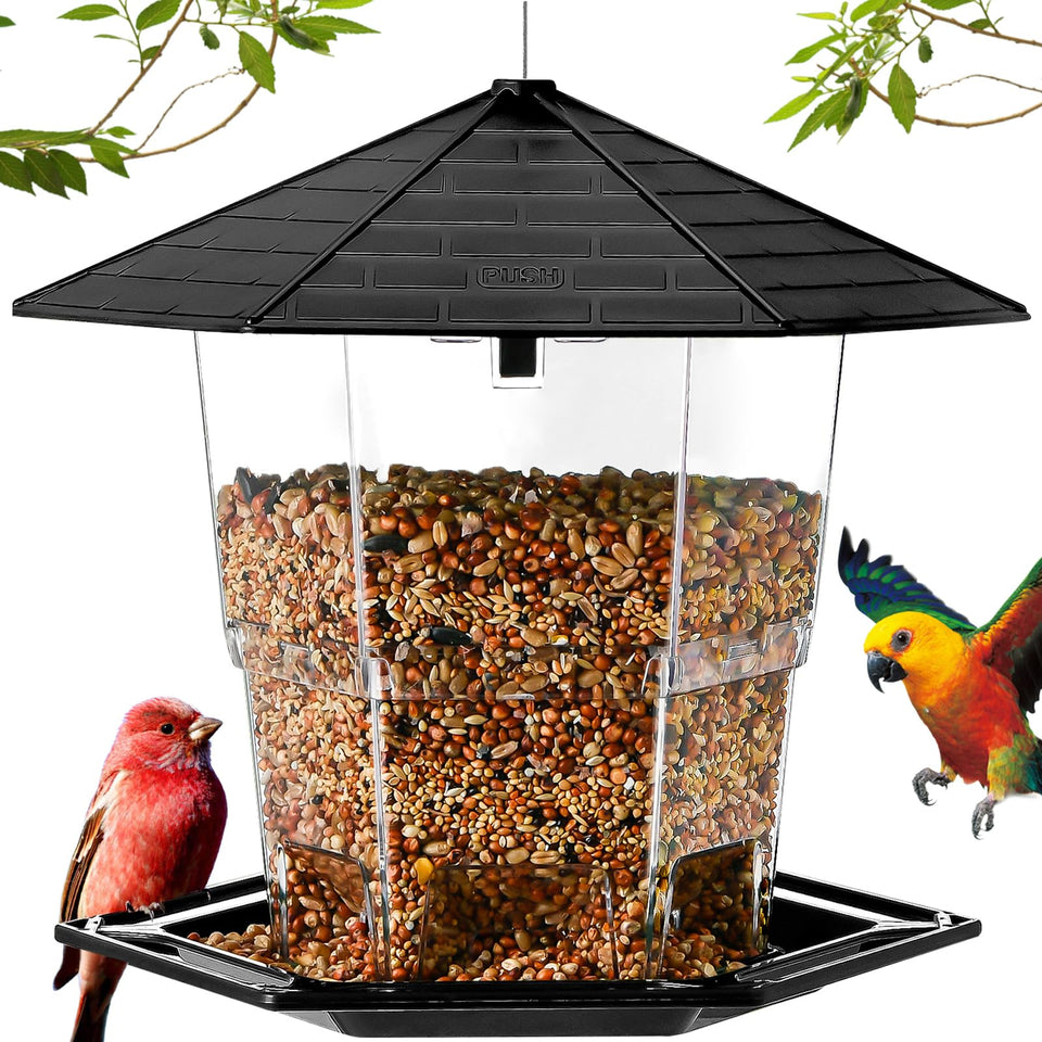Jealoeur bird feeder top lid open for easy filling and cleaning.