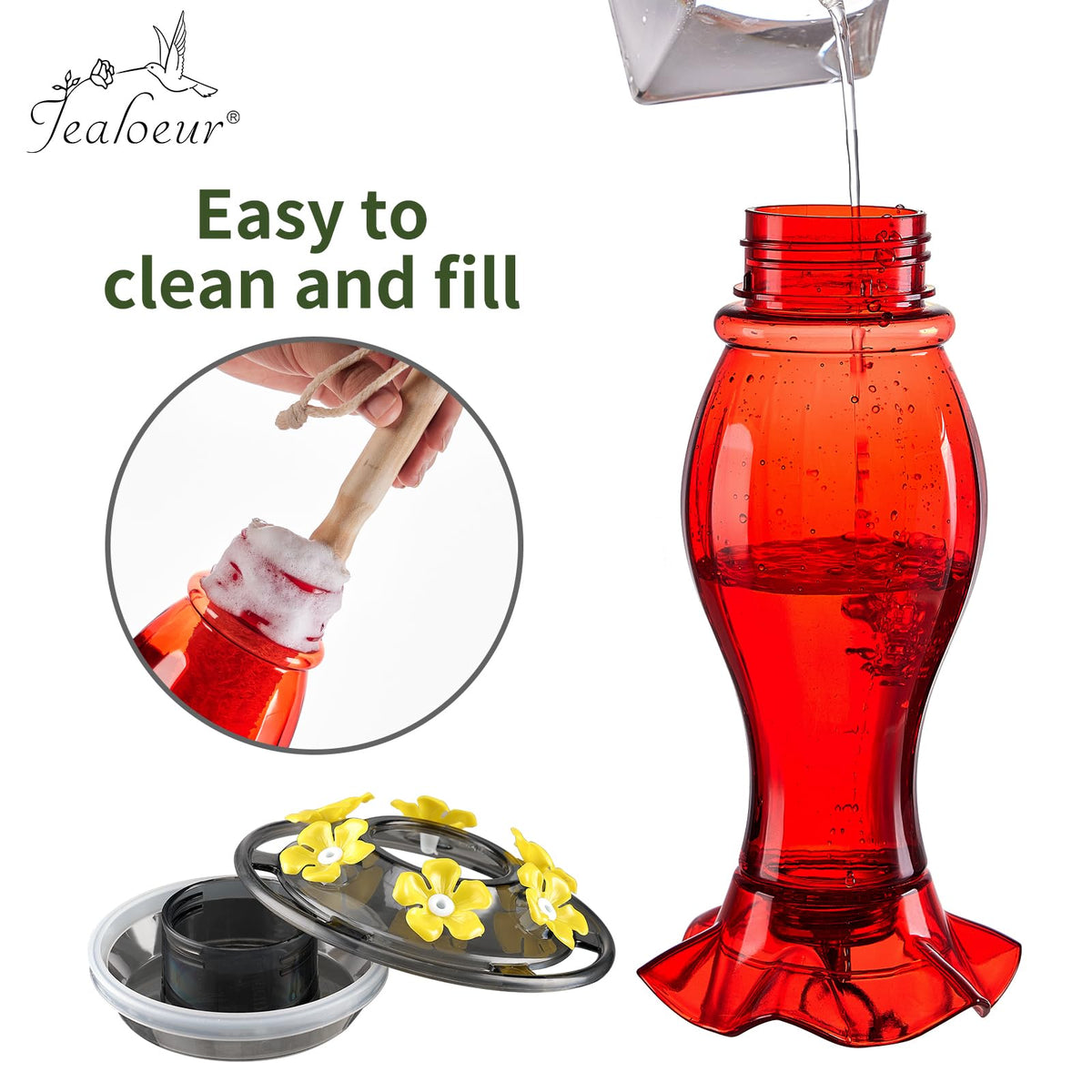 Jealoeur hummingbird feeder showing 360-degree viewing angle