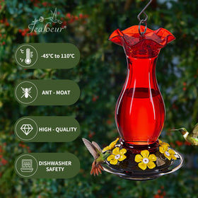Jealoeur hummingbird feeder with ant moat and bee guard protecting nectar.