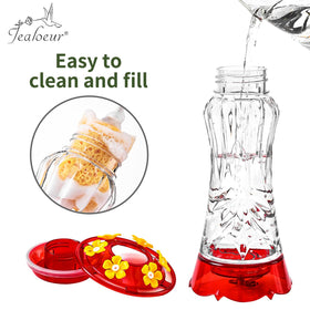 Jealoeur hummingbird feeder ant moat and bee-proof design keeps nectar protected.