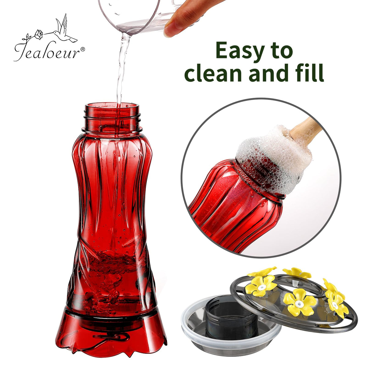 Jealoeur hummingbird feeder features ant moat to keep nectar clean outdoors