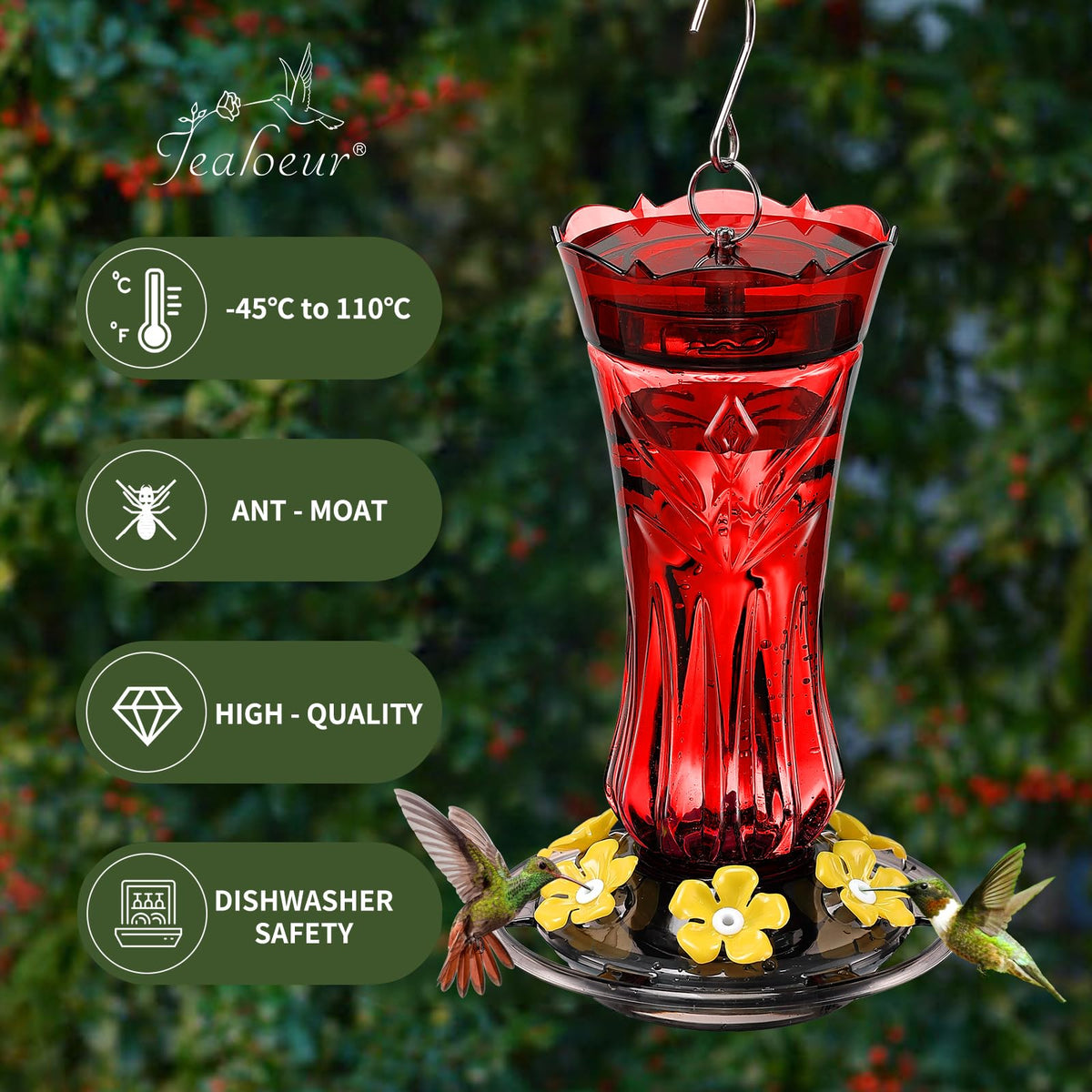 Jealoeur feeder includes bee guard to protect nectar while birds visit