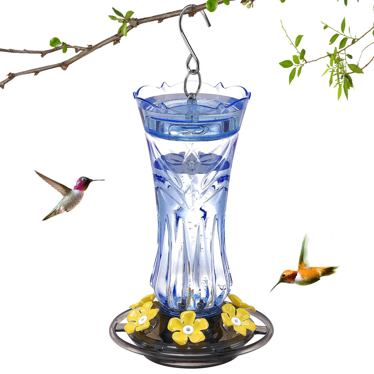 Jealoeur hummingbird feeder blue front view for 360-degree viewing