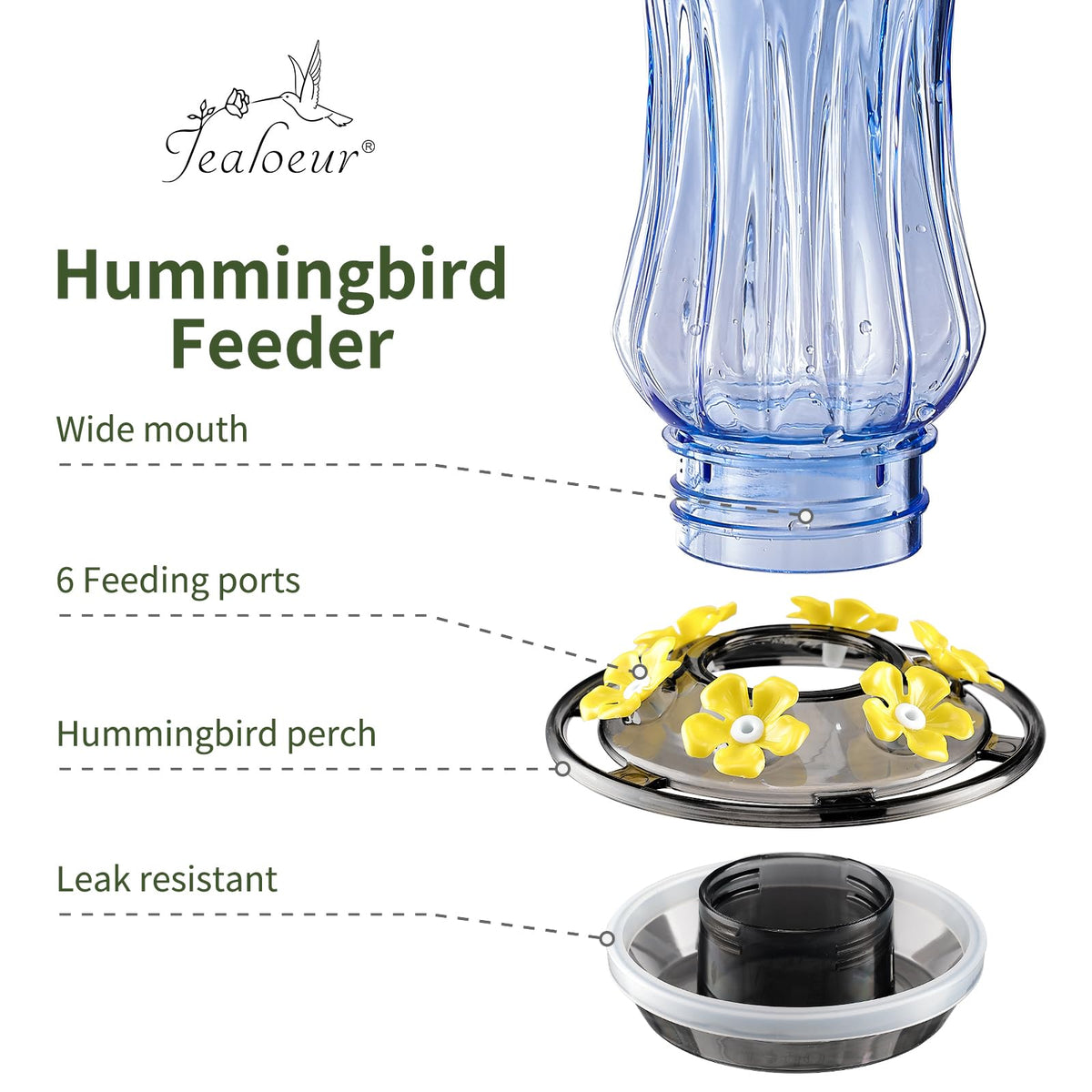 Jealoeur hummingbird feeder blue side view with six ports