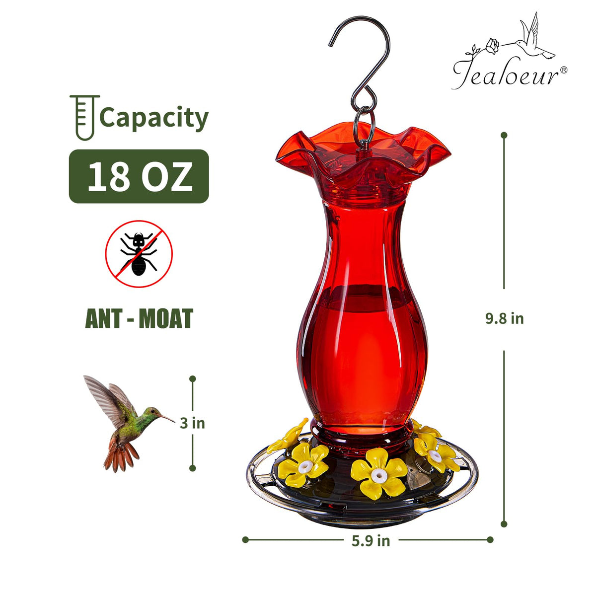 Jealoeur hummingbird feeder diameter 5.9 inches and height 9.8 inches for gardens.