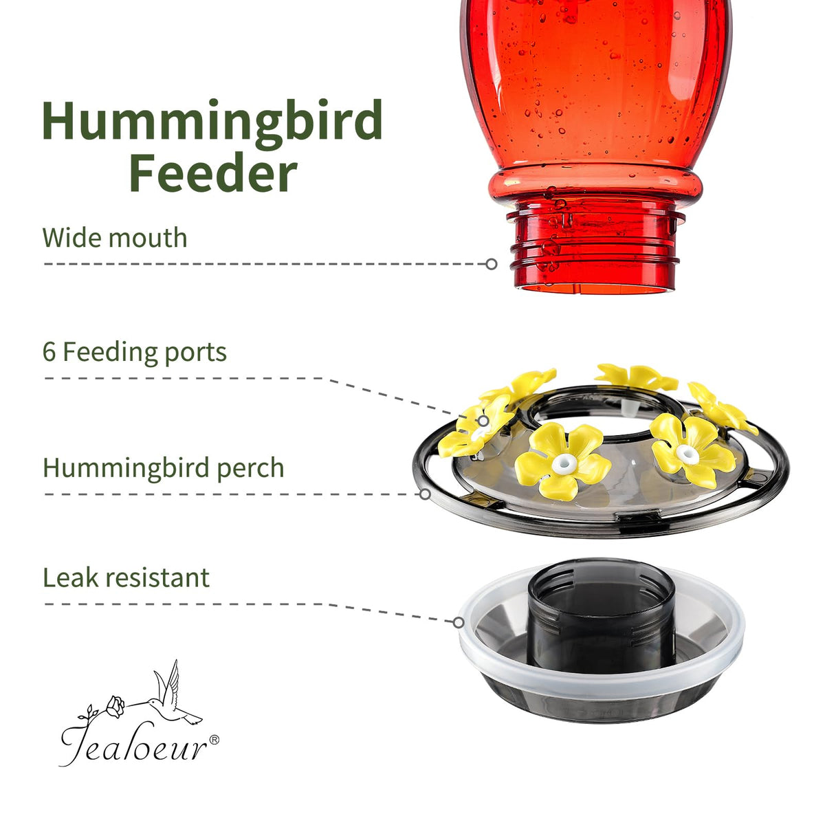 Jealoeur hummingbird feeder demonstrating leak-proof design