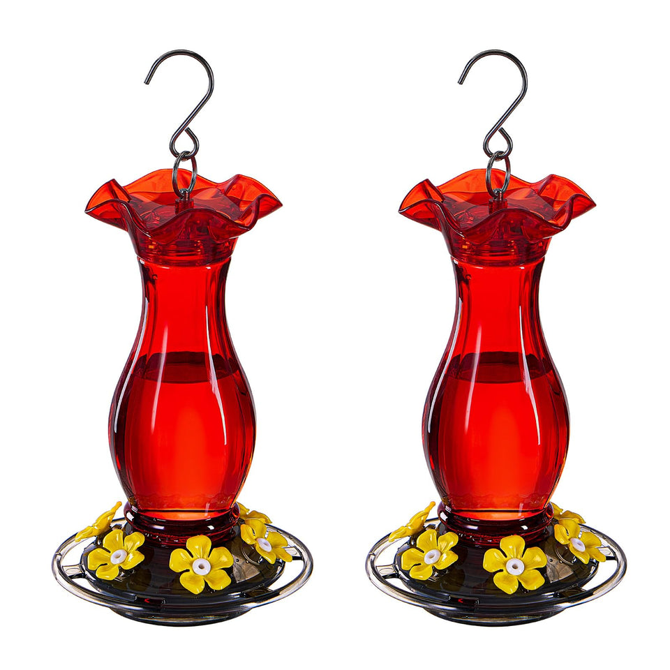 Jealoeur hummingbird feeder outdoors 6-port red pack for simultaneous feeding.