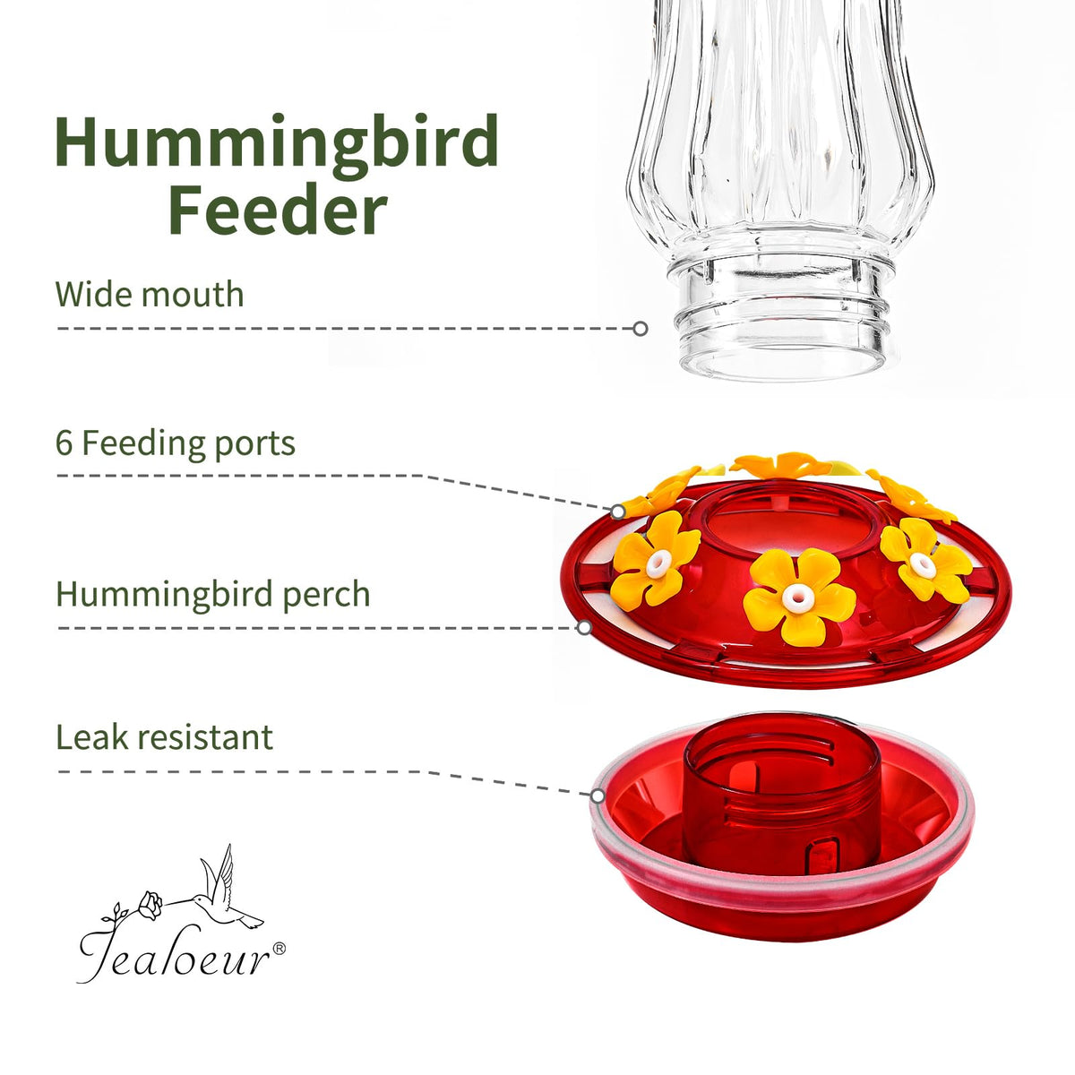 Jealoeur hummingbird feeder uses 3mm ports to deter ants and intruders.