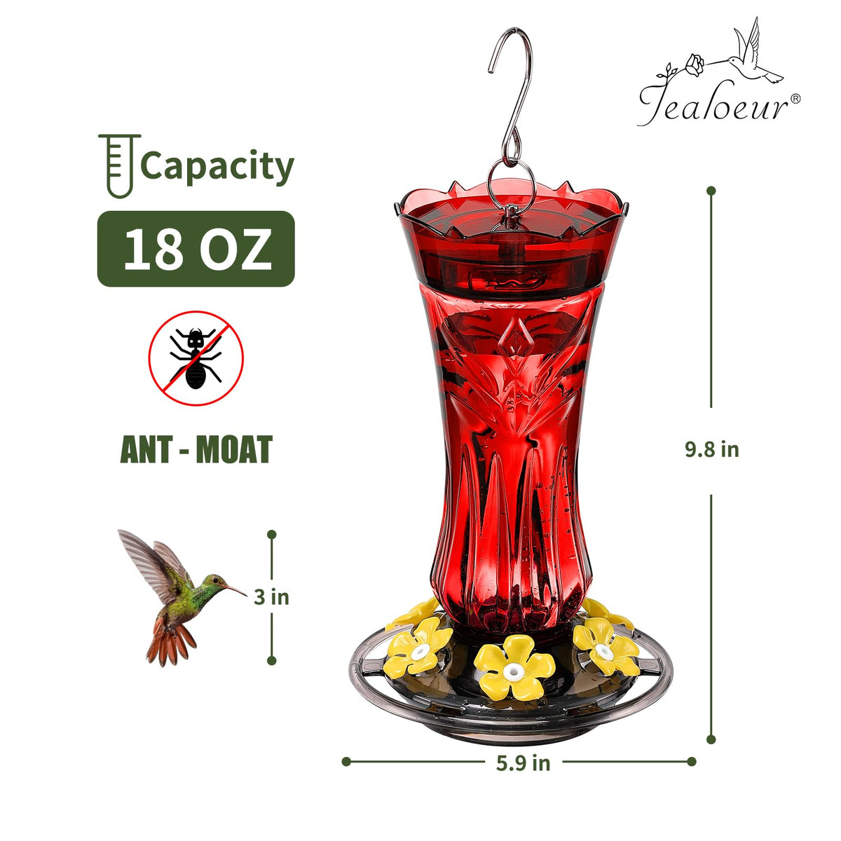 Jealoeur hummingbird feeder with six ports supports multiple birds feeding together