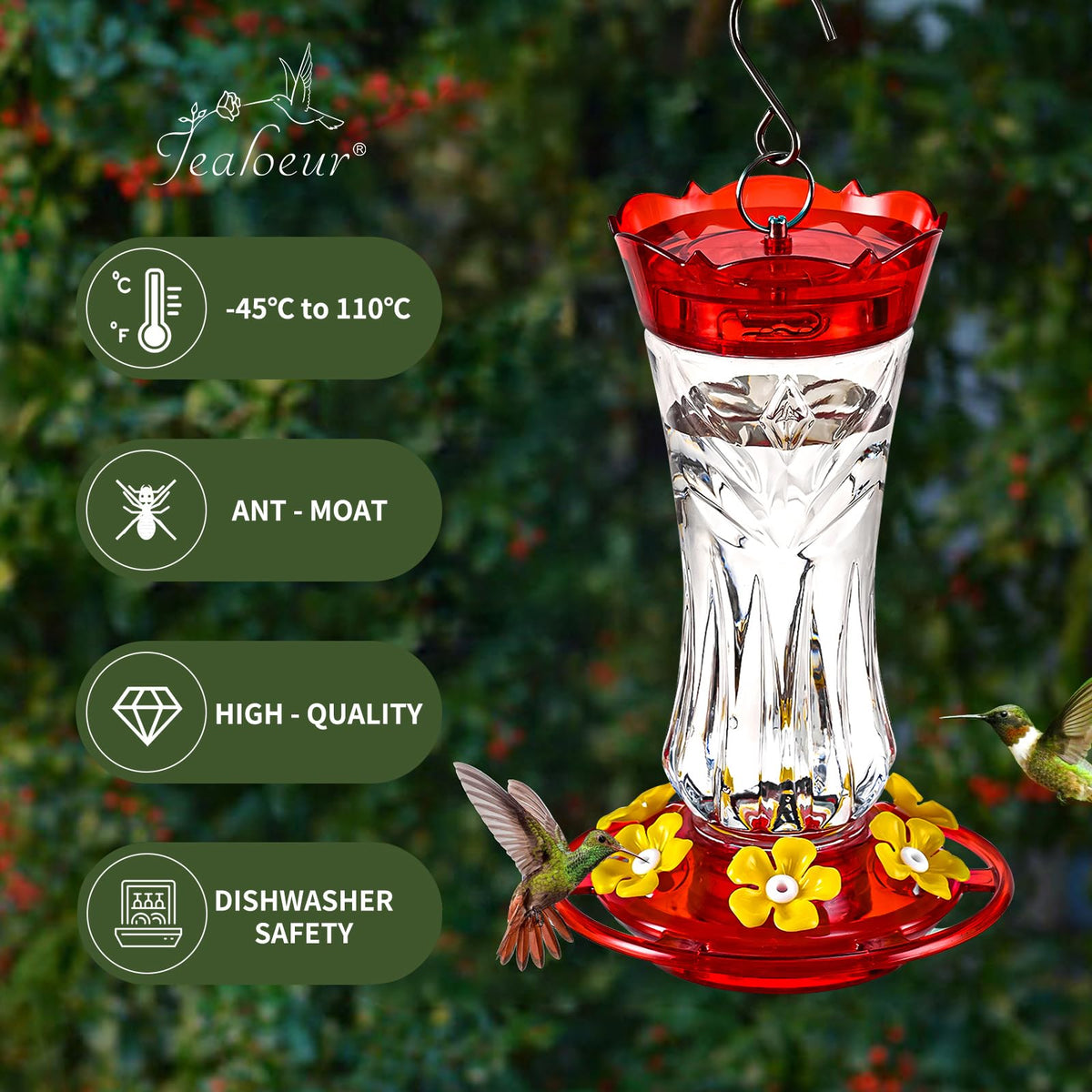 Jealoeur hummingbird feeder with six ports to support multiple birds feeding together.