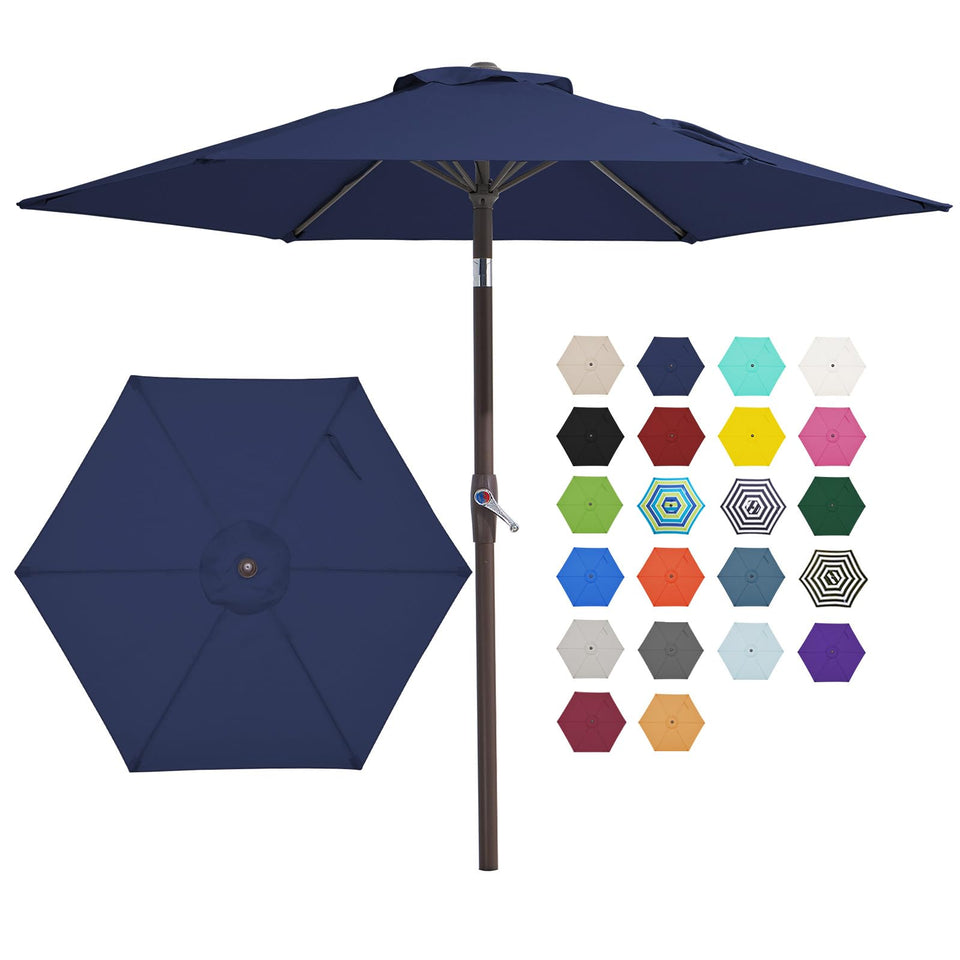JEAREY 7.5ft navy patio umbrella shading a compact outdoor dining area.