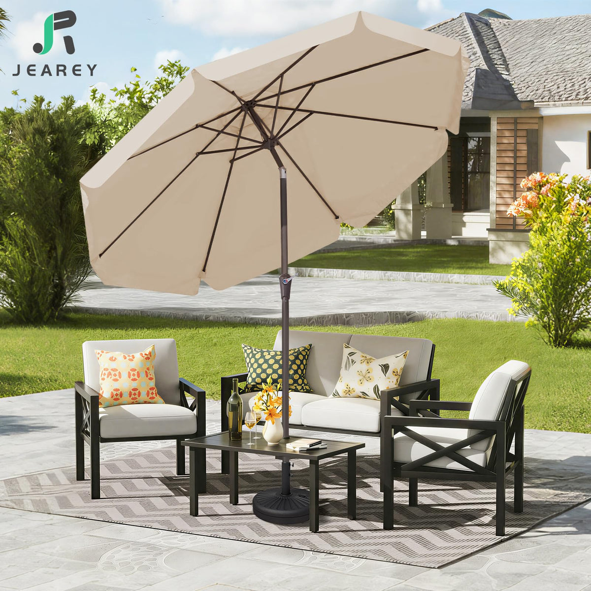 JEAREY 9ft market umbrella provides wide shade for deck or patio
