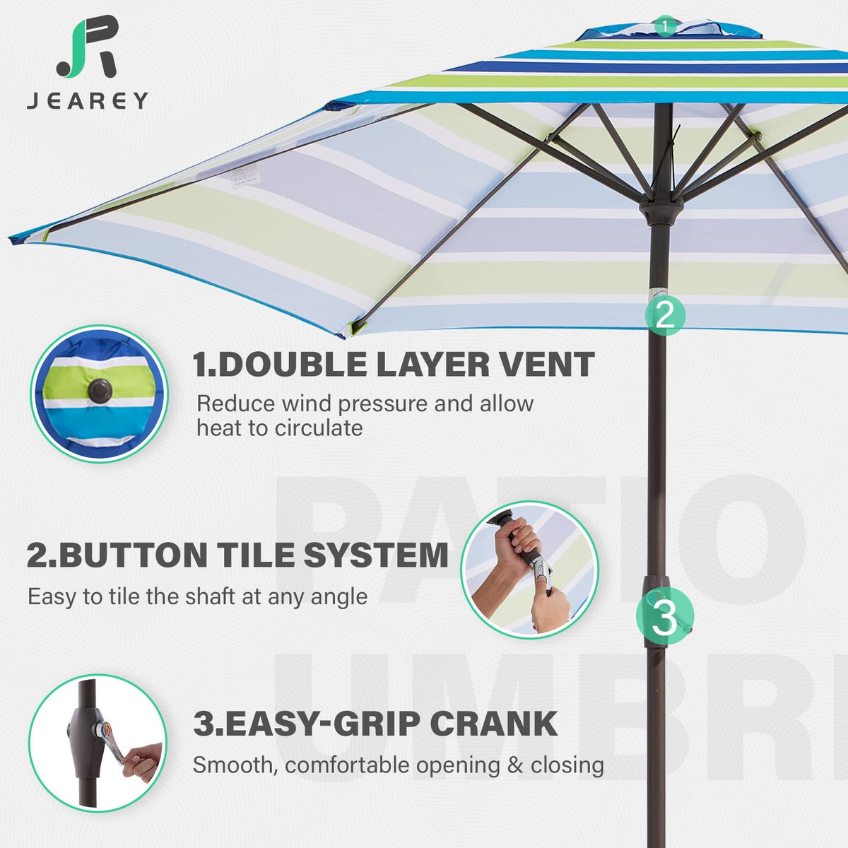JEAREY iron pole and ribs offer durable outdoor shade.