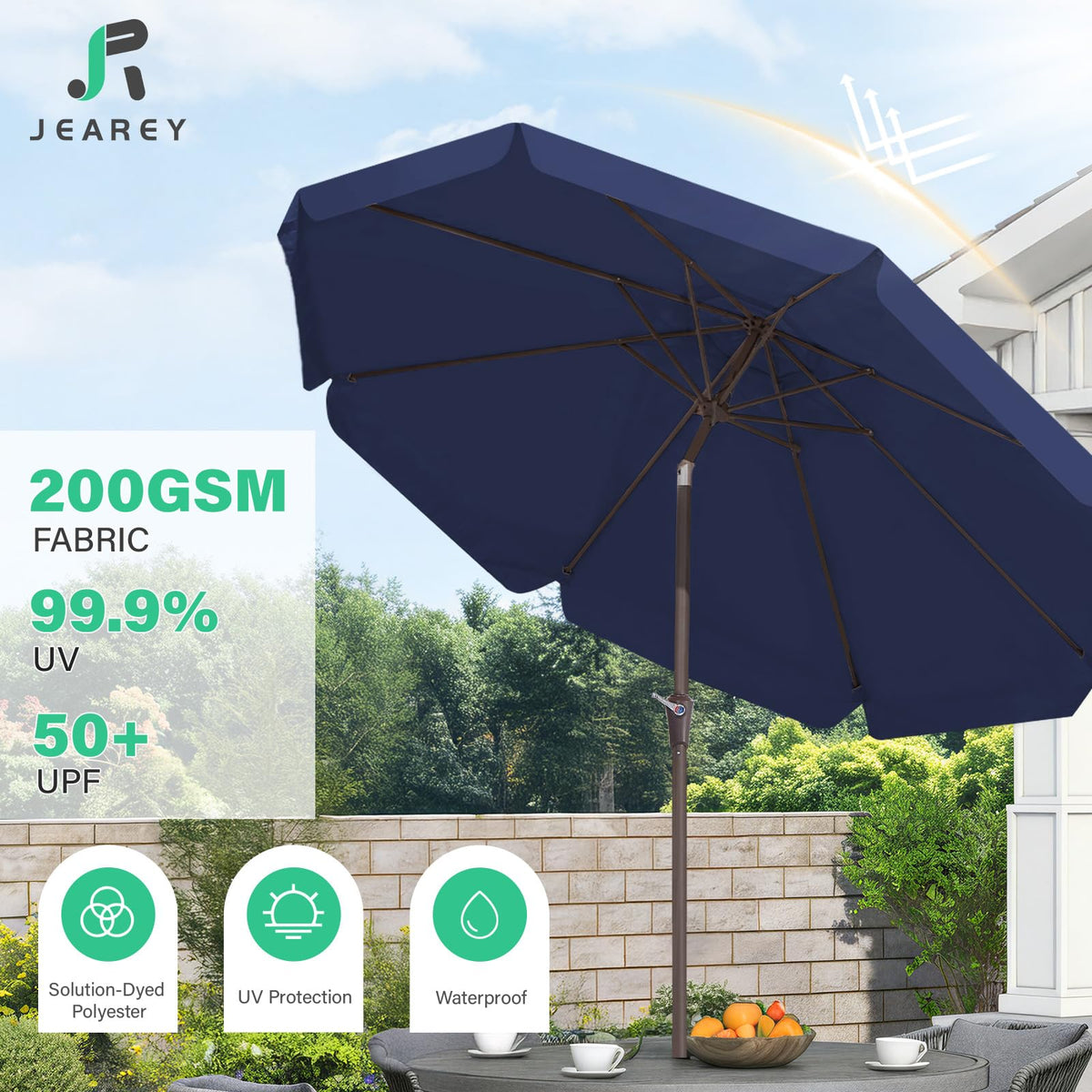 JEAREY umbrella set up in market garden patio scene